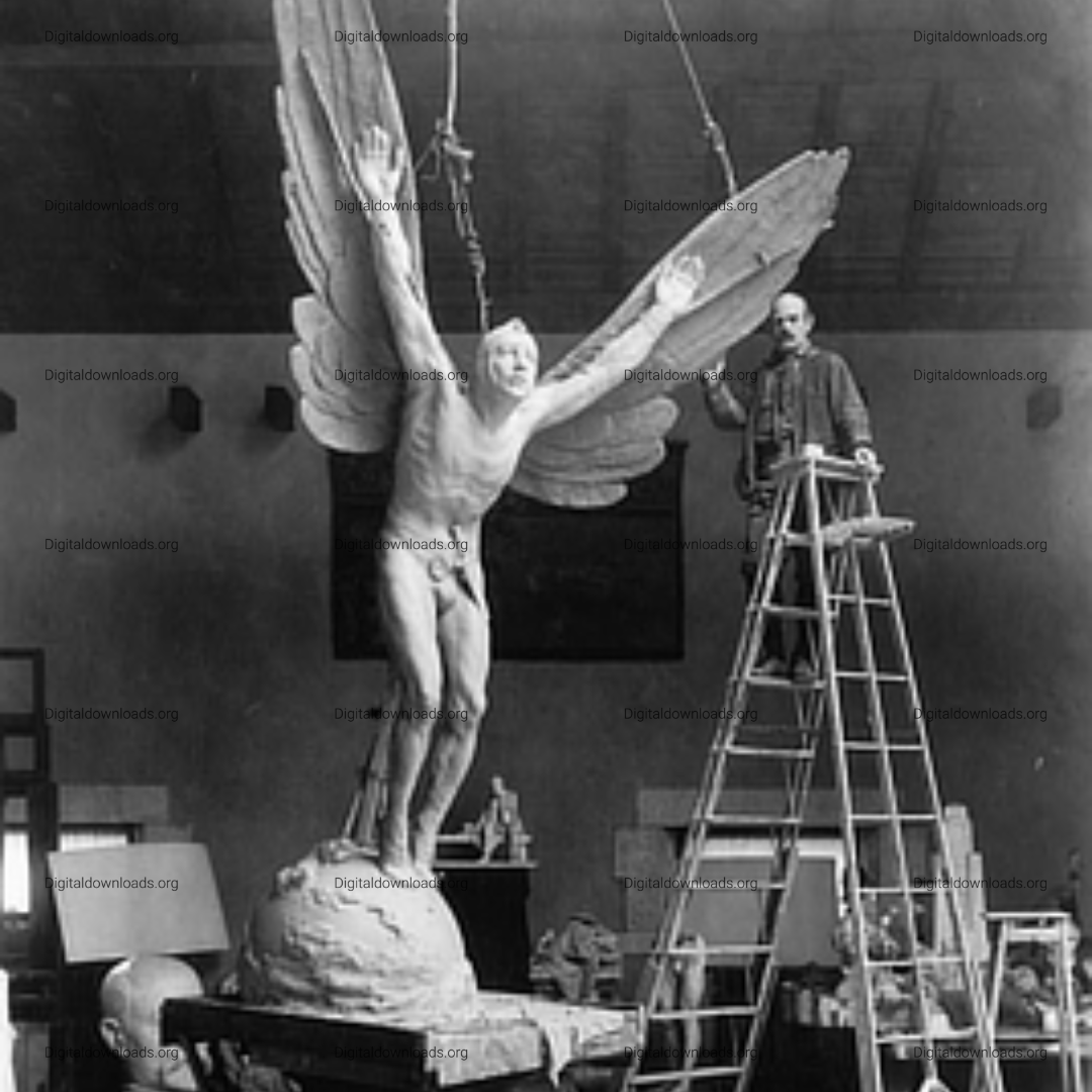 Gutzon Borglum with His Statue "The Aviator" Wall Art – Historic 1919 Photograph